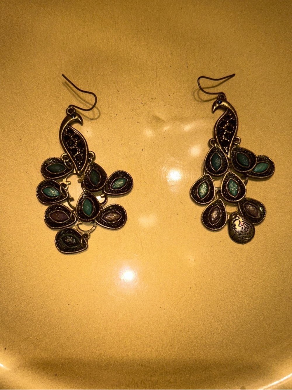 Peacock Drop Earrings in Teal and Bronze-Tone